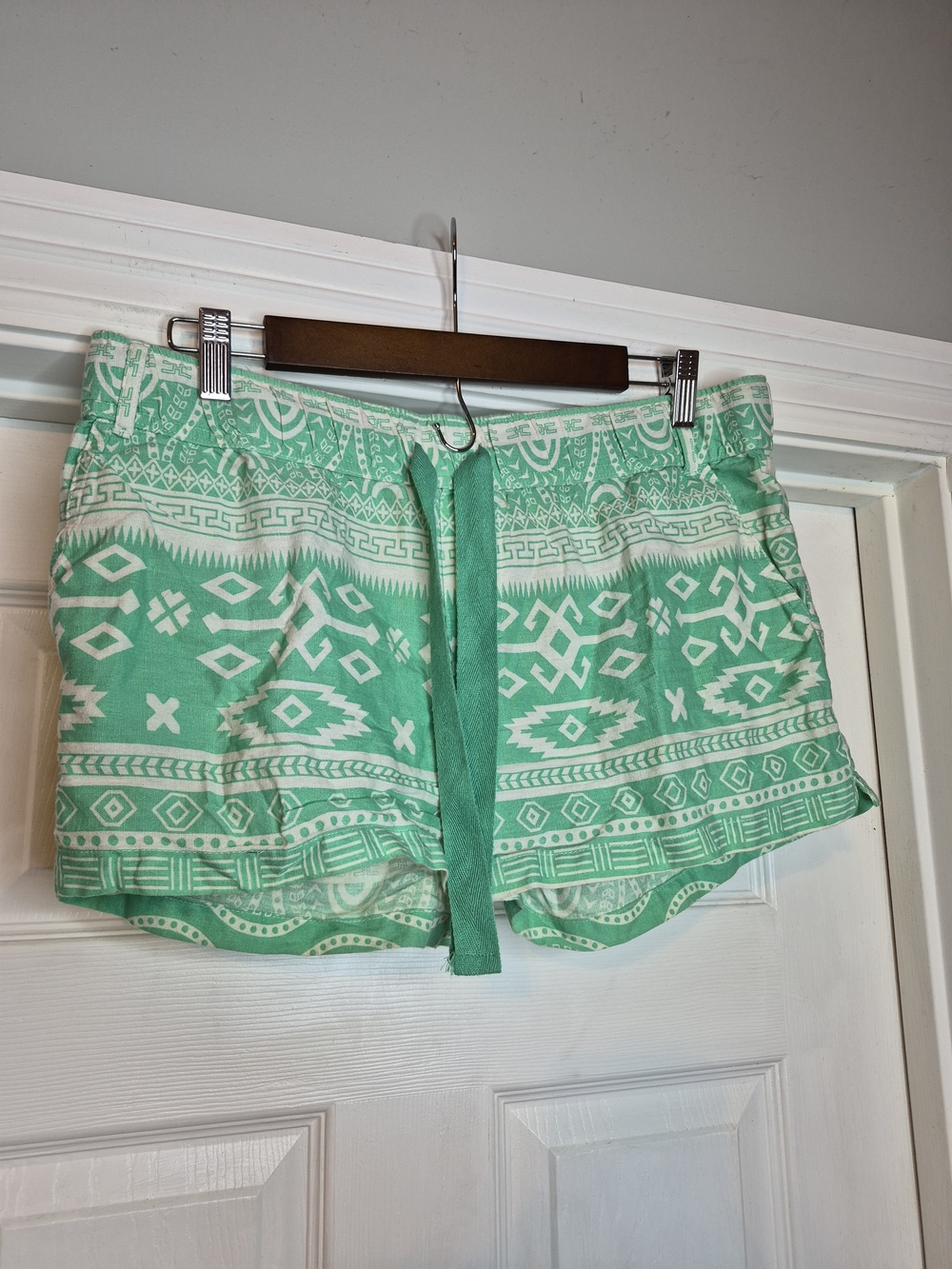 Lagaci Mint Green and White Printed Shorts with Drawstring Cotton Linen Size Xl